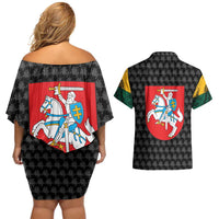 Lithuania Map Combined with National Coat of Arms Couples Matching Off Shoulder Short Dress and Hawaiian Shirt Patriotic Design