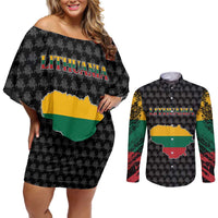 Lithuania Map Combined with National Coat of Arms Couples Matching Off Shoulder Short Dress and Long Sleeve Button Shirt Patriotic Design