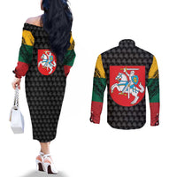 Lithuania Map Combined with National Coat of Arms Couples Matching Off The Shoulder Long Sleeve Dress and Long Sleeve Button Shirt Patriotic Design