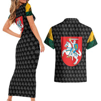 Lithuania Map Combined with National Coat of Arms Couples Matching Short Sleeve Bodycon Dress and Hawaiian Shirt Patriotic Design