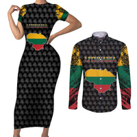 Lithuania Map Combined with National Coat of Arms Couples Matching Short Sleeve Bodycon Dress and Long Sleeve Button Shirt Patriotic Design