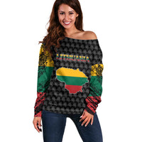 Lithuania Map Combined with National Coat of Arms Off Shoulder Sweater Patriotic Design