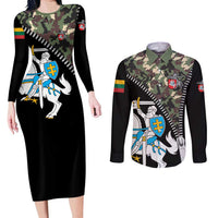 Lithuania's National Emblem Couples Matching Long Sleeve Bodycon Dress and Long Sleeve Button Shirt with Military Motifs - Army-Inspired Design