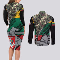 Lithuania's National Emblem Couples Matching Long Sleeve Bodycon Dress and Long Sleeve Button Shirt with Military Motifs - Army-Inspired Design