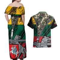Lithuania's National Emblem Couples Matching Off Shoulder Maxi Dress and Hawaiian Shirt with Military Motifs - Army-Inspired Design