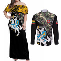 Lithuania's National Emblem Couples Matching Off Shoulder Maxi Dress and Long Sleeve Button Shirt with Military Motifs - Army-Inspired Design