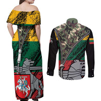 Lithuania's National Emblem Couples Matching Off Shoulder Maxi Dress and Long Sleeve Button Shirt with Military Motifs - Army-Inspired Design
