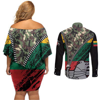 Lithuania's National Emblem Couples Matching Off Shoulder Short Dress and Long Sleeve Button Shirt with Military Motifs - Army-Inspired Design