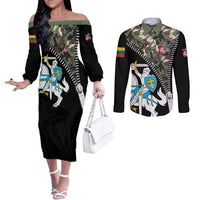 Lithuania's National Emblem Couples Matching Off The Shoulder Long Sleeve Dress and Long Sleeve Button Shirt with Military Motifs - Army-Inspired Design
