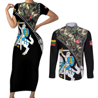 Lithuania's National Emblem Couples Matching Short Sleeve Bodycon Dress and Long Sleeve Button Shirt with Military Motifs - Army-Inspired Design