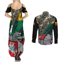 Lithuania's National Emblem Couples Matching Summer Maxi Dress and Long Sleeve Button Shirt with Military Motifs - Army-Inspired Design