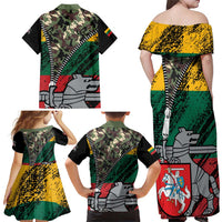 Lithuania's National Emblem Family Matching Off Shoulder Maxi Dress and Hawaiian Shirt with Military Motifs - Army-Inspired Design