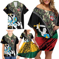 Lithuania's National Emblem Family Matching Off Shoulder Short Dress and Hawaiian Shirt with Military Motifs - Army-Inspired Design