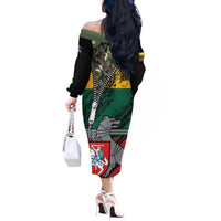 Lithuania's National Emblem Off The Shoulder Long Sleeve Dress with Military Motifs - Army-Inspired Design
