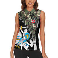 Lithuania's National Emblem Women Sleeveless Polo Shirt with Military Motifs - Army-Inspired Design