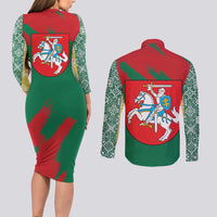Lithuania Emblem Couples Matching Long Sleeve Bodycon Dress and Long Sleeve Button Shirt National Symbol with Traditional Patterns