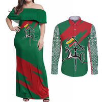 Lithuania Emblem Couples Matching Off Shoulder Maxi Dress and Long Sleeve Button Shirt National Symbol with Traditional Patterns