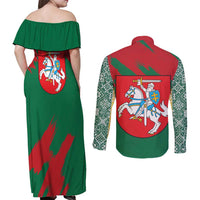 Lithuania Emblem Couples Matching Off Shoulder Maxi Dress and Long Sleeve Button Shirt National Symbol with Traditional Patterns
