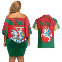 Lithuania Emblem Couples Matching Off Shoulder Short Dress and Hawaiian Shirt National Symbol with Traditional Patterns