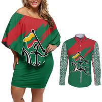 Lithuania Emblem Couples Matching Off Shoulder Short Dress and Long Sleeve Button Shirt National Symbol with Traditional Patterns