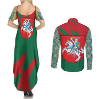 Lithuania Emblem Couples Matching Summer Maxi Dress and Long Sleeve Button Shirt National Symbol with Traditional Patterns