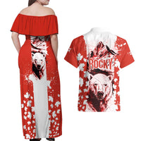 Canada Bear Couples Matching Off Shoulder Maxi Dress and Hawaiian Shirt with Maple Leaf and Rocky Mountain Design