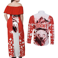 Canada Bear Couples Matching Off Shoulder Maxi Dress and Long Sleeve Button Shirt with Maple Leaf and Rocky Mountain Design