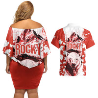 Canada Bear Couples Matching Off Shoulder Short Dress and Hawaiian Shirt with Maple Leaf and Rocky Mountain Design