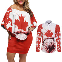 Canada Bear Couples Matching Off Shoulder Short Dress and Long Sleeve Button Shirt with Maple Leaf and Rocky Mountain Design