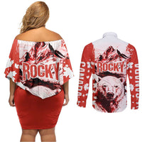 Canada Bear Couples Matching Off Shoulder Short Dress and Long Sleeve Button Shirt with Maple Leaf and Rocky Mountain Design