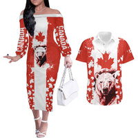 Canada Bear Couples Matching Off The Shoulder Long Sleeve Dress and Hawaiian Shirt with Maple Leaf and Rocky Mountain Design