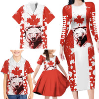 Canada Bear Family Matching Long Sleeve Bodycon Dress and Hawaiian Shirt with Maple Leaf and Rocky Mountain Design