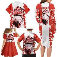 Canada Bear Family Matching Long Sleeve Bodycon Dress and Hawaiian Shirt with Maple Leaf and Rocky Mountain Design