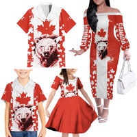 Canada Bear Family Matching Off The Shoulder Long Sleeve Dress and Hawaiian Shirt with Maple Leaf and Rocky Mountain Design