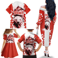 Canada Bear Family Matching Off The Shoulder Long Sleeve Dress and Hawaiian Shirt with Maple Leaf and Rocky Mountain Design