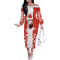 Canada Bear Family Matching Off The Shoulder Long Sleeve Dress and Hawaiian Shirt with Maple Leaf and Rocky Mountain Design