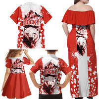 Canada Bear Family Matching Off Shoulder Maxi Dress and Hawaiian Shirt with Maple Leaf and Rocky Mountain Design