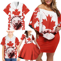 Canada Bear Family Matching Off Shoulder Short Dress and Hawaiian Shirt with Maple Leaf and Rocky Mountain Design