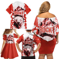 Canada Bear Family Matching Off Shoulder Short Dress and Hawaiian Shirt with Maple Leaf and Rocky Mountain Design