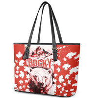 Canada Bear Leather Tote Bag with Maple Leaf and Rocky Mountain Design