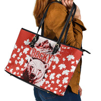 Canada Bear Leather Tote Bag with Maple Leaf and Rocky Mountain Design