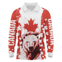 Canada Bear Long Sleeve Polo Shirt with Maple Leaf and Rocky Mountain Design