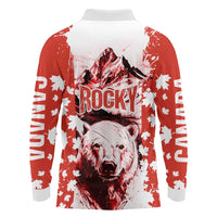 Canada Bear Long Sleeve Polo Shirt with Maple Leaf and Rocky Mountain Design