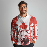 Canada Bear Long Sleeve Polo Shirt with Maple Leaf and Rocky Mountain Design