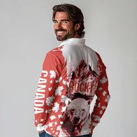 Canada Bear Long Sleeve Polo Shirt with Maple Leaf and Rocky Mountain Design