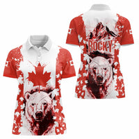 Canada Bear Women Polo Shirt with Maple Leaf and Rocky Mountain Design