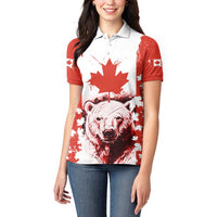 Canada Bear Women Polo Shirt with Maple Leaf and Rocky Mountain Design