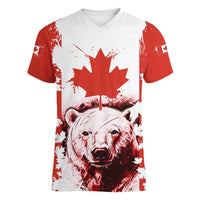 Canada Bear Women V-Neck T-Shirt with Maple Leaf and Rocky Mountain Design