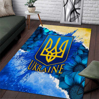 Trident Emblem Ukraine Area Rug with Blue Sunflowers and Flag Colors Design