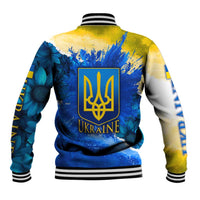 Trident Emblem Ukraine Baseball Jacket with Blue Sunflowers and Flag Colors Design
